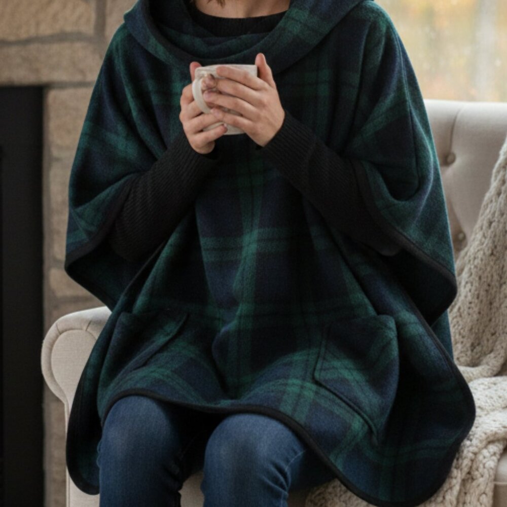 Plaid Black Watch PinkBlush Green Black Cowl Neck Poncho Cape L Large‎